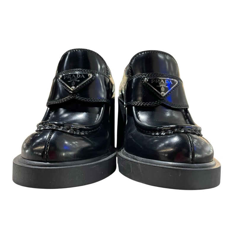 プラダ PRADA チョコレート ブラッシュドレザーヒール ブラック レザー レディース ローファー