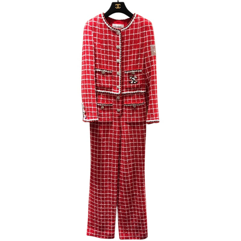 シャネル CHANEL ココマークボタンツイードジャンプスーツ P74022 レッド ツイード レディース ツナギ