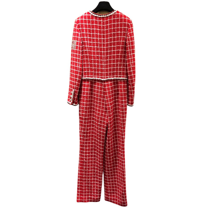 シャネル CHANEL ココマークボタンツイードジャンプスーツ P74022 レッド ツイード レディース ツナギ