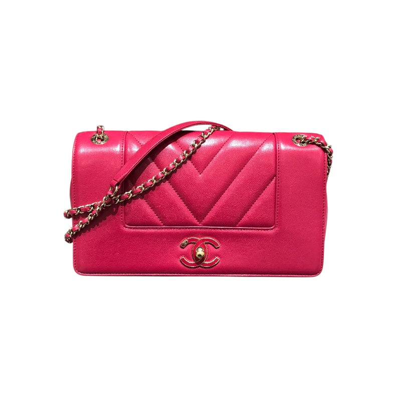シャネル CHANEL マドモアゼルVステッチチェーンショルダー ピンクパープルGD金具 カーフ レディース ショルダーバッグ
