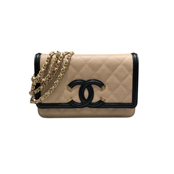 シャネル CHANEL CCフィグリーチェーンウォレット A84451 ベージュ×ブラック　GD金具 キャビア レディース ウォレットチェーン