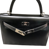 エルメス HERMES ケリー28　外縫い □I刻 ブラックSV金具 ボックスカーフ レディース ハンドバッグ