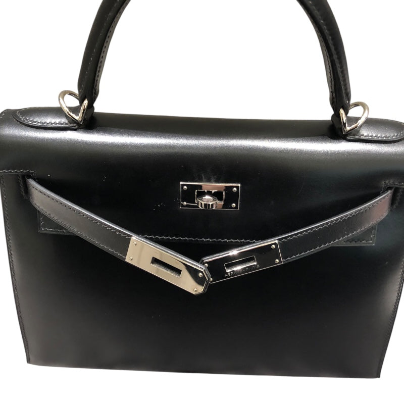 エルメス HERMES ケリー28　外縫い □I刻 ブラックSV金具 ボックスカーフ レディース ハンドバッグ