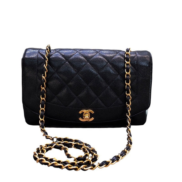 シャネル CHANEL ダイアナ チェーンショルダー 2番台 ブラック×ゴールド金具 キャビアスキン レディース ショルダーバッグ