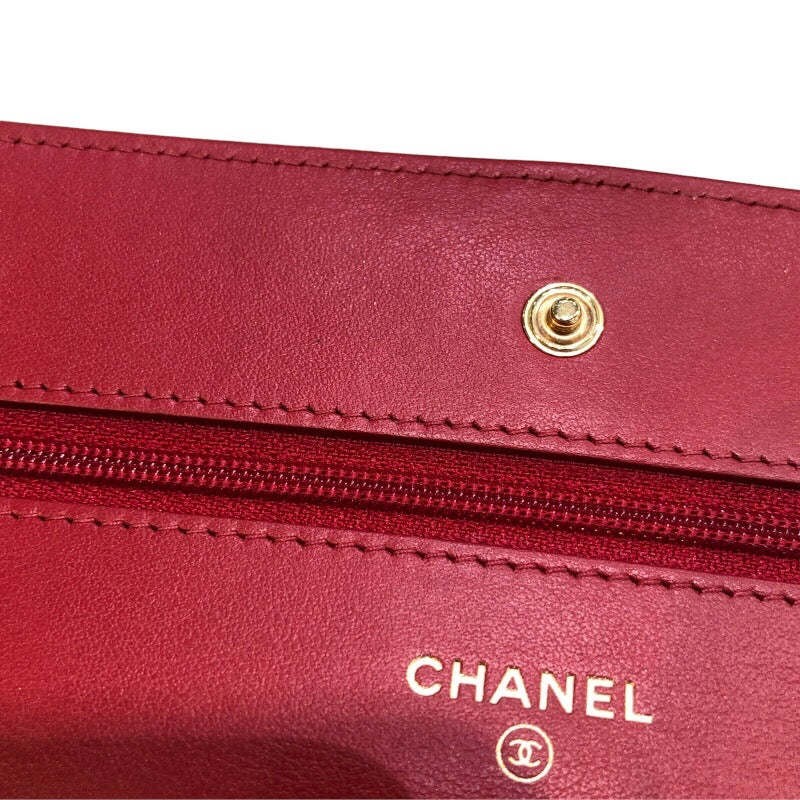 シャネル CHANEL マトラッセチェーンウォレット A33814 レッド/ゴールド金具 ラムスキン レディース ウォレットチェーン