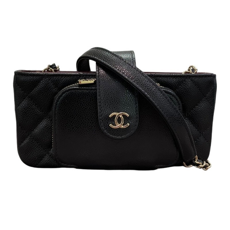 シャネル CHANEL マトラッセフォンフォルダーバッグ AP2916 ランダムシリアル ブラック×ゴールド金具 キャビアスキン レディース ショルダーバッグ