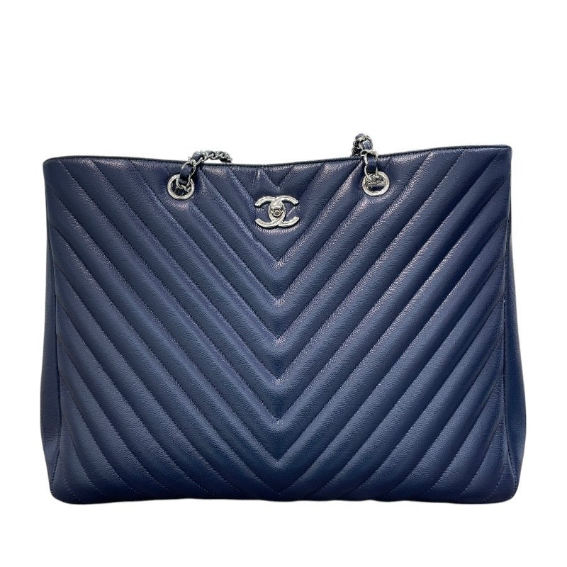 シャネル CHANEL vステッチチェーンショッピングトート A91046 ネイビー/シルバー金具 キャビアスキン レディース トートバッグ