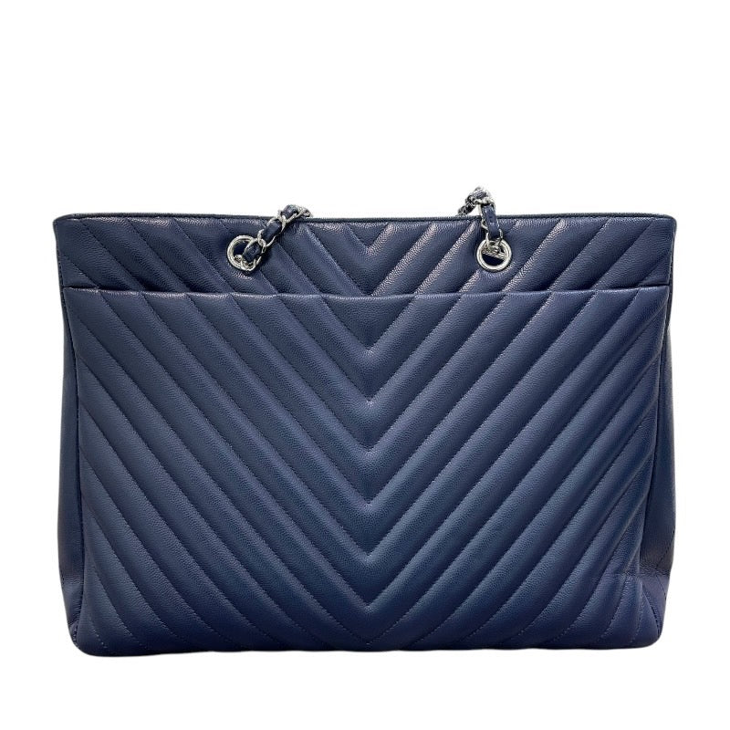 シャネル CHANEL vステッチチェーンショッピングトート A91046 ネイビー/シルバー金具 キャビアスキン レディース トートバッグ