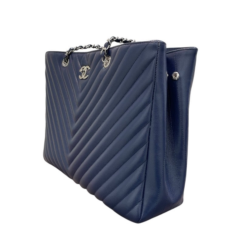 シャネル CHANEL vステッチチェーンショッピングトート A91046 ネイビー/シルバー金具 キャビアスキン レディース トートバッグ