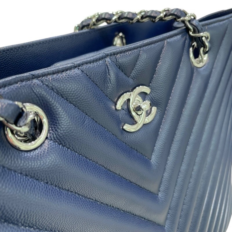 シャネル CHANEL vステッチチェーンショッピングトート A91046 ネイビー/シルバー金具 キャビアスキン レディース トートバッグ
