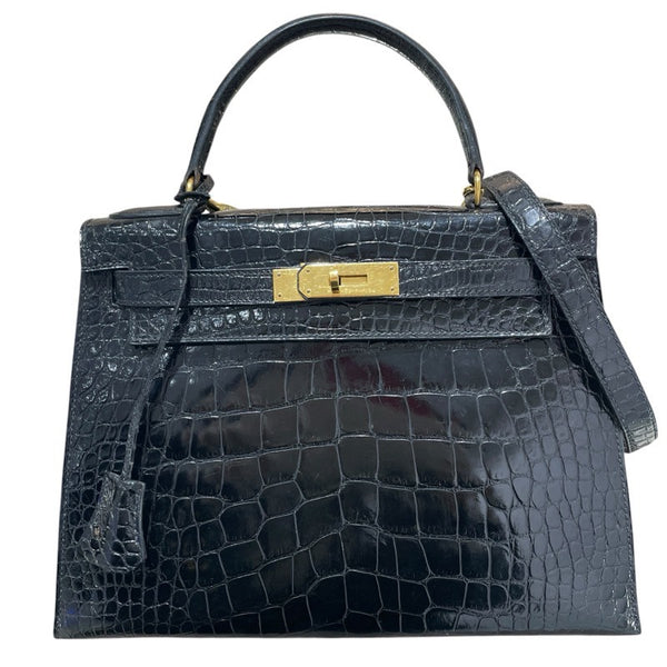 エルメス HERMES ケリー28　外縫い 〇R刻 ブラック　GD金具 アリゲーター レディース ショルダーバッグ