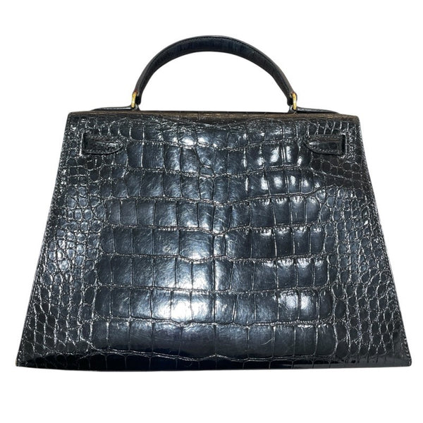 エルメス HERMES ケリー28　外縫い 〇R刻 ブラック　GD金具 アリゲーター レディース ショルダーバッグ