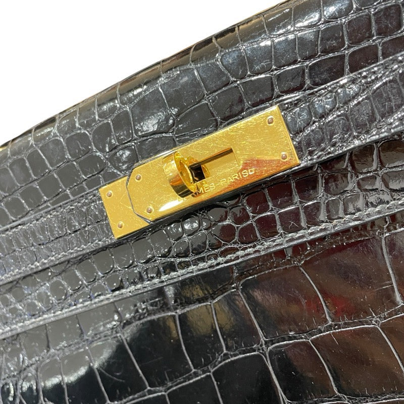 エルメス HERMES ケリー28　外縫い 〇R刻 ブラック　GD金具 アリゲーター レディース ショルダーバッグ
