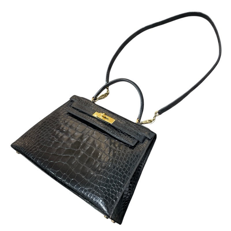 エルメス HERMES ケリー28　外縫い 〇R刻 ブラック　GD金具 アリゲーター レディース ショルダーバッグ