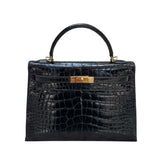 エルメス HERMES ケリー32 外縫い □D刻 ブラック GD金具 アリゲーターリセ レディース ショルダーバッグ