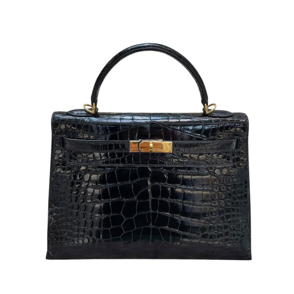 エルメス HERMES ケリー32 外縫い □D刻 ブラック GD金具 アリゲーターリセ レディース ショルダーバッグ