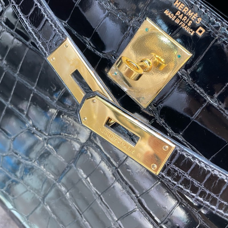 エルメス HERMES ケリー32 外縫い □D刻 ブラック GD金具 アリゲーターリセ レディース ショルダーバッグ