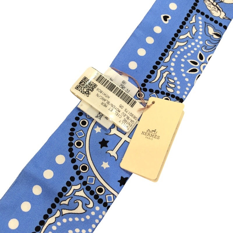 エルメス HERMES ツイリー ENTRE CIEL MER BANDANA ブルー×ホワイト×ブラック シルク100％ ユニセックス スカーフ