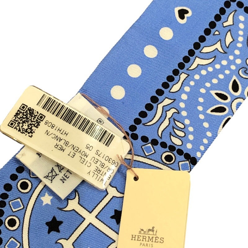 エルメス HERMES ツイリー ENTRE CIEL MER BANDANA ブルー×ホワイト×ブラック シルク100％ ユニセックス スカーフ