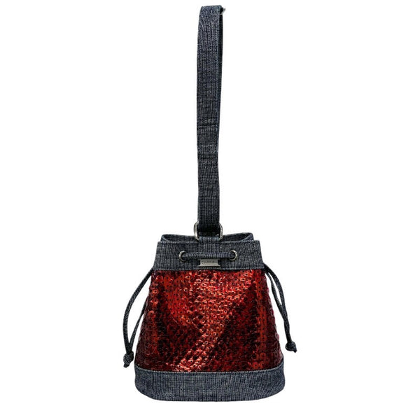 シャネル CHANEL ミニバケットショルダーバッグ 5番台 レッド×ブルー シルバー金具 デニム×スパンコール レディース ショルダーバッグ