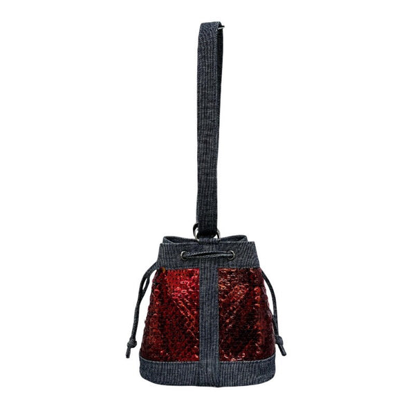 シャネル CHANEL ミニバケットショルダーバッグ 5番台 レッド×ブルー シルバー金具 デニム×スパンコール レディース ショルダーバッグ