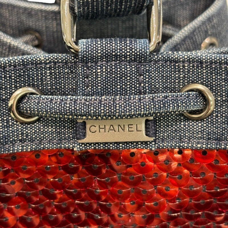 シャネル CHANEL ミニバケットショルダーバッグ 5番台 レッド×ブルー シルバー金具 デニム×スパンコール レディース ショルダーバッグ