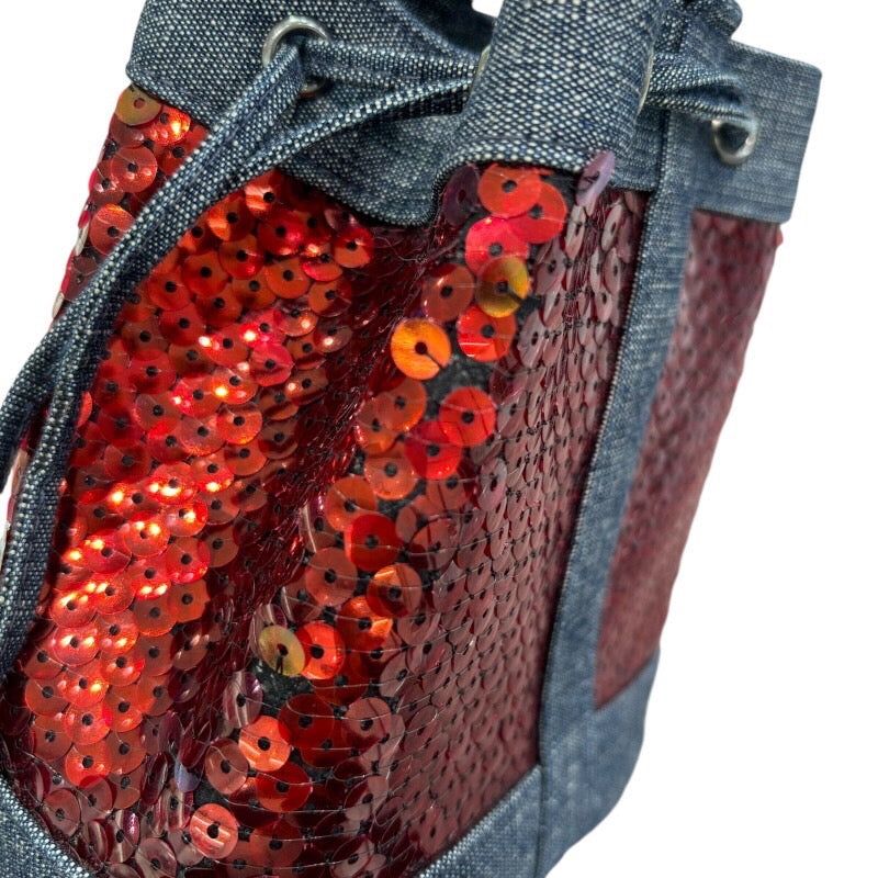 シャネル CHANEL ミニバケットショルダーバッグ 5番台 レッド×ブルー シルバー金具 デニム×スパンコール レディース ショルダーバッグ