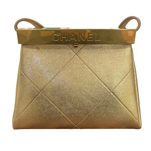 シャネル CHANEL キスロックショルダーバッグ メタリックゴールド×ゴールド金具 カーフ レディース ショルダーバッグ