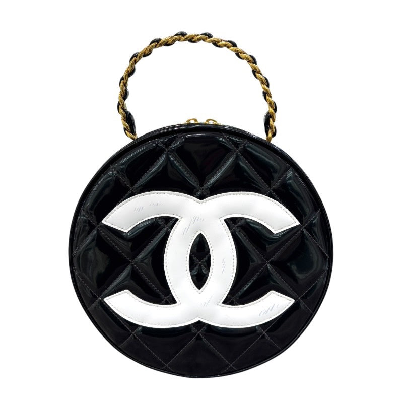 シャネル CHANEL ココマークラウンドバニティ ブラック×ゴールド金具 エナメル レディース ハンドバッグ