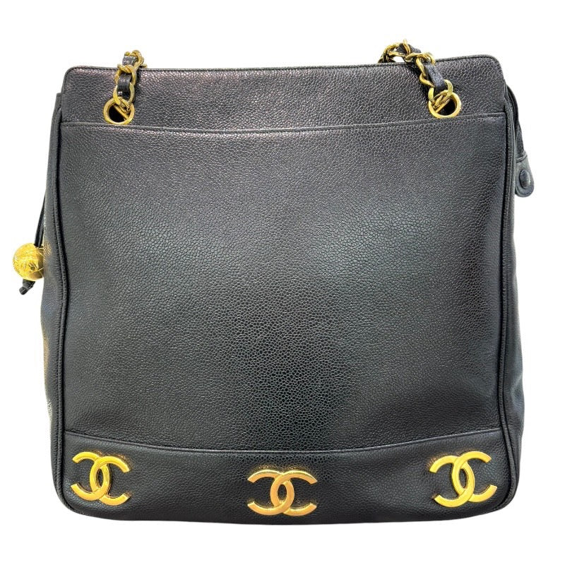シャネル CHANEL トリプルココマークショルダーバッグ 28番台 ブラック×ゴールド金具 キャビアスキン レディース ショルダーバッグ