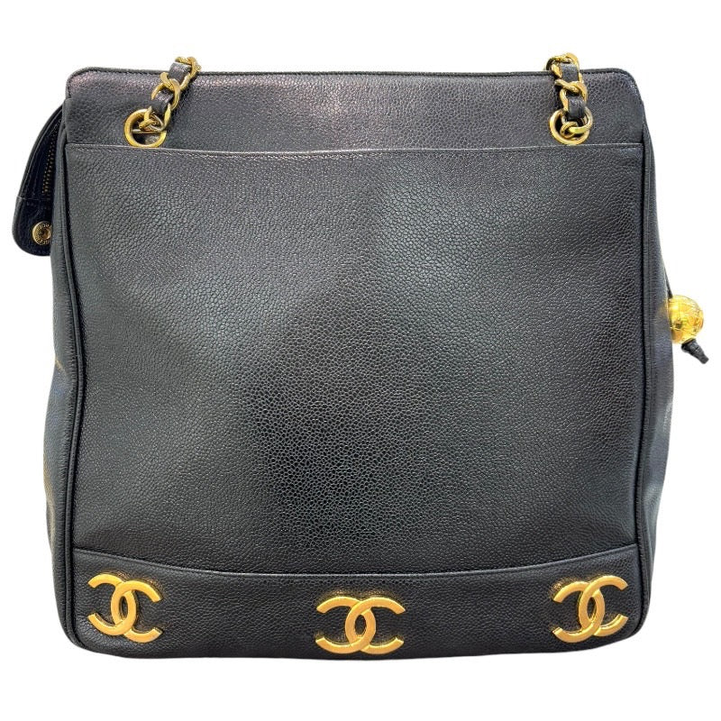 シャネル CHANEL トリプルココマークショルダーバッグ 28番台 ブラック×ゴールド金具 キャビアスキン レディース ショルダーバッグ