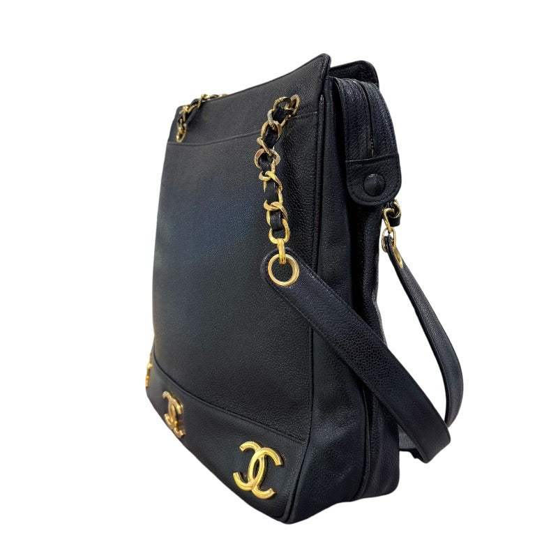 シャネル CHANEL トリプルココマークショルダーバッグ 28番台 ブラック×ゴールド金具 キャビアスキン レディース ショルダーバッグ