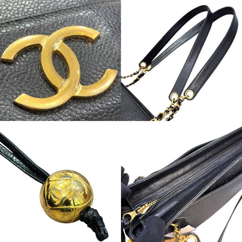 シャネル CHANEL トリプルココマークショルダーバッグ 28番台 ブラック×ゴールド金具 キャビアスキン レディース ショルダーバッグ
