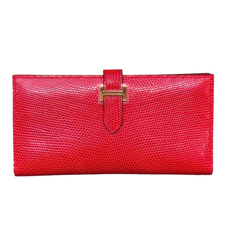 エルメス HERMES ベアンクラシック D刻印　(2019年製) ルージュエギン　ゴールド金具 リザード レディース 長財布