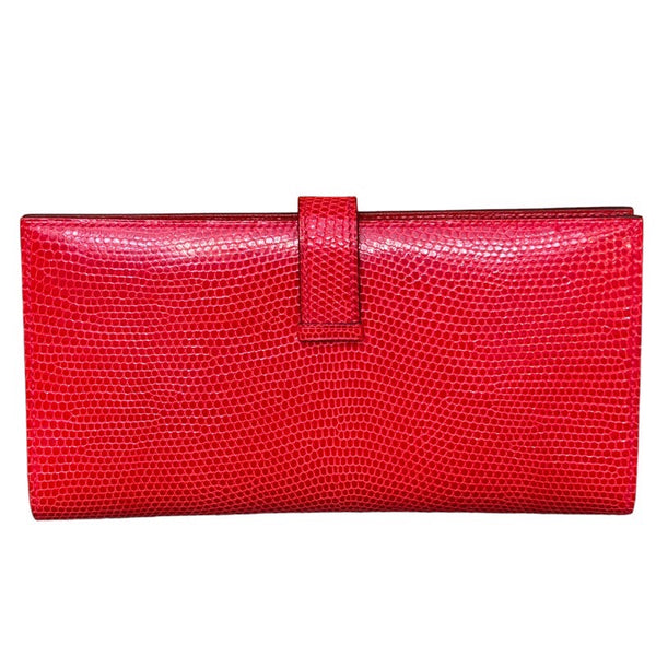 エルメス HERMES ベアンクラシック D刻印　(2019年製) ルージュエギン　ゴールド金具 リザード レディース 長財布