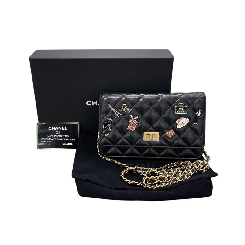 シャネル CHANEL 2.55 エンブロイダリー チェーンウォレット 25番台 ブラック/GD金具 カーフ レディース ショルダーバッグ