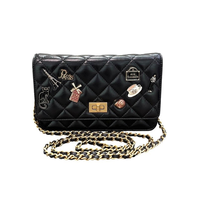 シャネル CHANEL 2.55 エンブロイダリー チェーンウォレット 25番台 ブラック/GD金具 カーフ レディース ショルダーバッグ