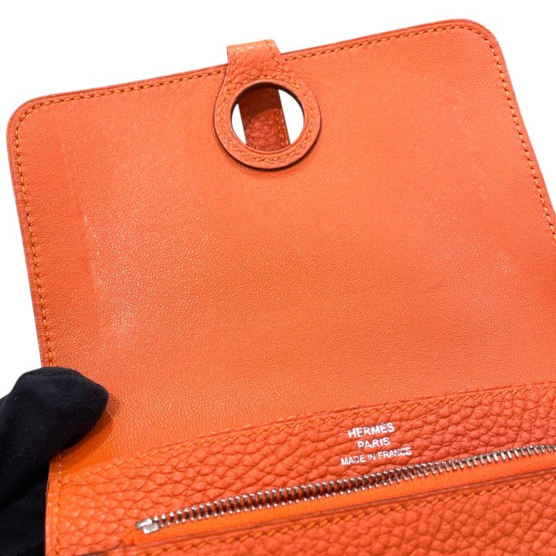 エルメス HERMES ドゴンコンパクト □J刻印 オレンジ トゴ レディース 二つ折り財布