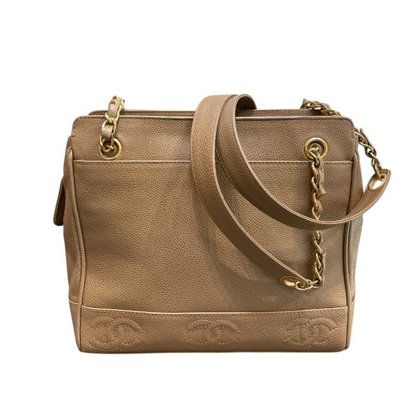 シャネル CHANEL トリプルココチェーンショルダーバッグ 4番台 ベージュ×ゴールド金具 キャビアスキン レディース ショルダーバッグ