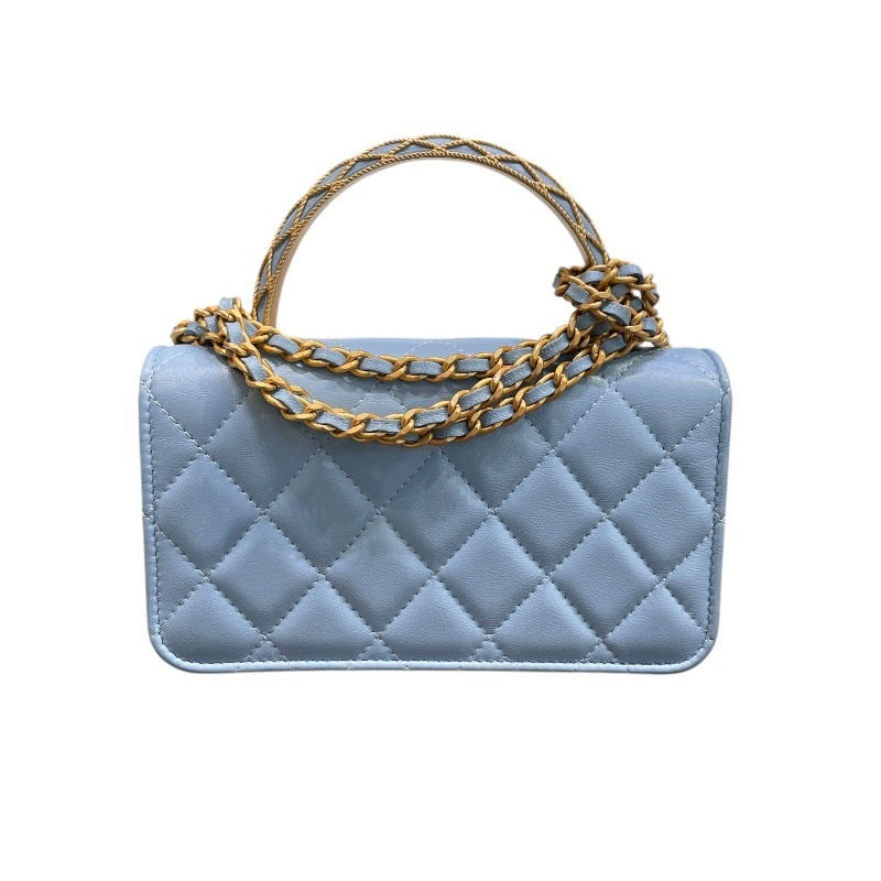 シャネル CHANEL マトラッセトップハンドルフォンショルダー AP3385 ランダムシリアル ライトブルー×ゴールド金具 ラム レディース ショルダーバッグ