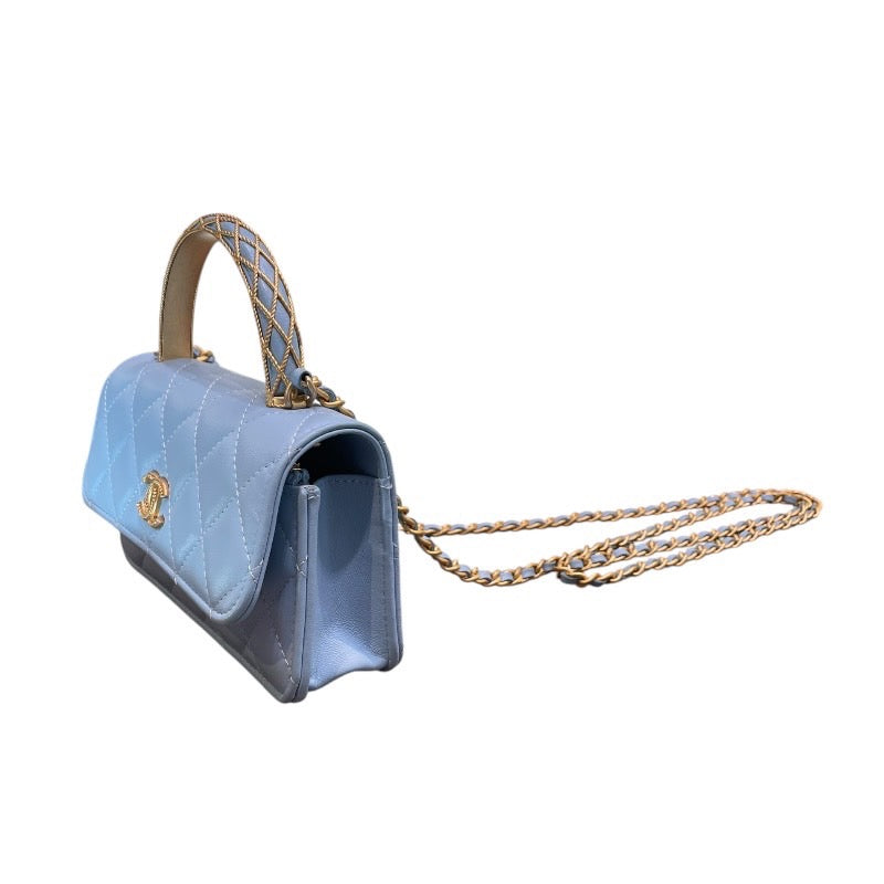 シャネル CHANEL マトラッセトップハンドルフォンショルダー AP3385 ランダムシリアル ライトブルー×ゴールド金具 ラム レディース ショルダーバッグ