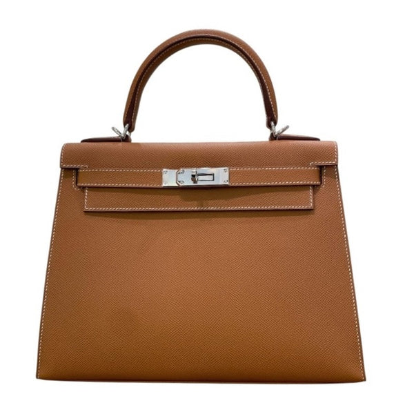 エルメス HERMES ケリー28 外縫い B刻印 ブラウン×シルバー金具 ヴォーエプソン レディース ハンドバッグ