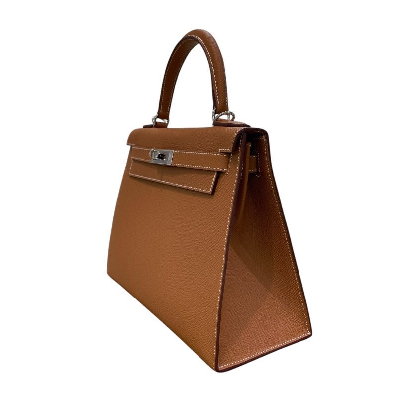エルメス HERMES ケリー28 外縫い B刻印 ブラウン×シルバー金具 ヴォーエプソン レディース ハンドバッグ