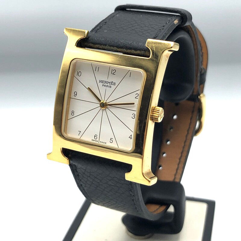 最大約17素材機能HERMES Hウォッチ クオーツ腕時計 レザー GP ゴールド ブラック