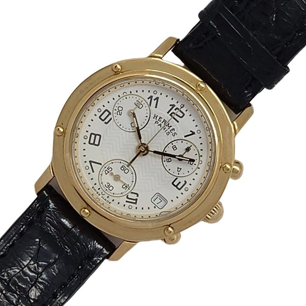 エルメス HERMES クリッパークロノグラフ CL1.385 ホワイト K18YG クオーツ レディース 腕時計