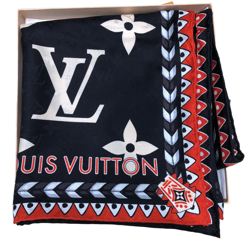 ルイ・ヴィトン LOUIS VUITTON ショールＬＶクラフティ M76487 ブラック×ベージュ×レッド シルク シルク６５％カシミヤ３５％ ユニセックス スカーフ
