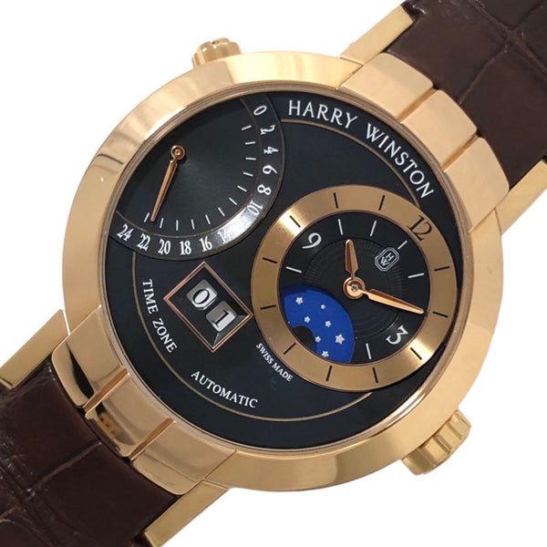 ハリーウィンストン HARRY WINSTON プルミエール エキセンター タイムゾーン PRNATZ41RR002 ブラック文字盤 K18PG/革ベルト 自動巻き メンズ 腕時計