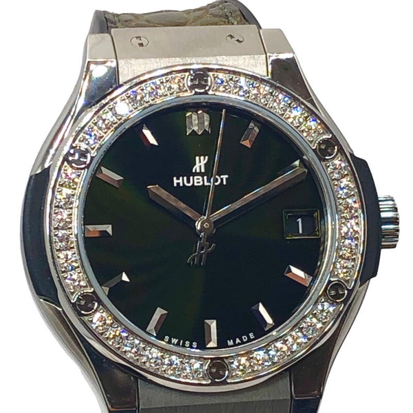 ウブロ HUBLOT クラシックフュージョン チタニウム グリーン ダイヤモンド 581.NX.8970.LR.1140 チタン/アリゲーターラバー クオーツ レディース 腕時計